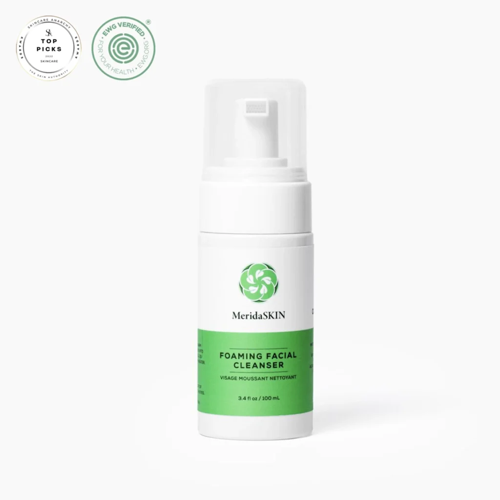 White foamer bottle with green and white label of MeridaSKIN Tea Tree Foaming Facial Cleanser
