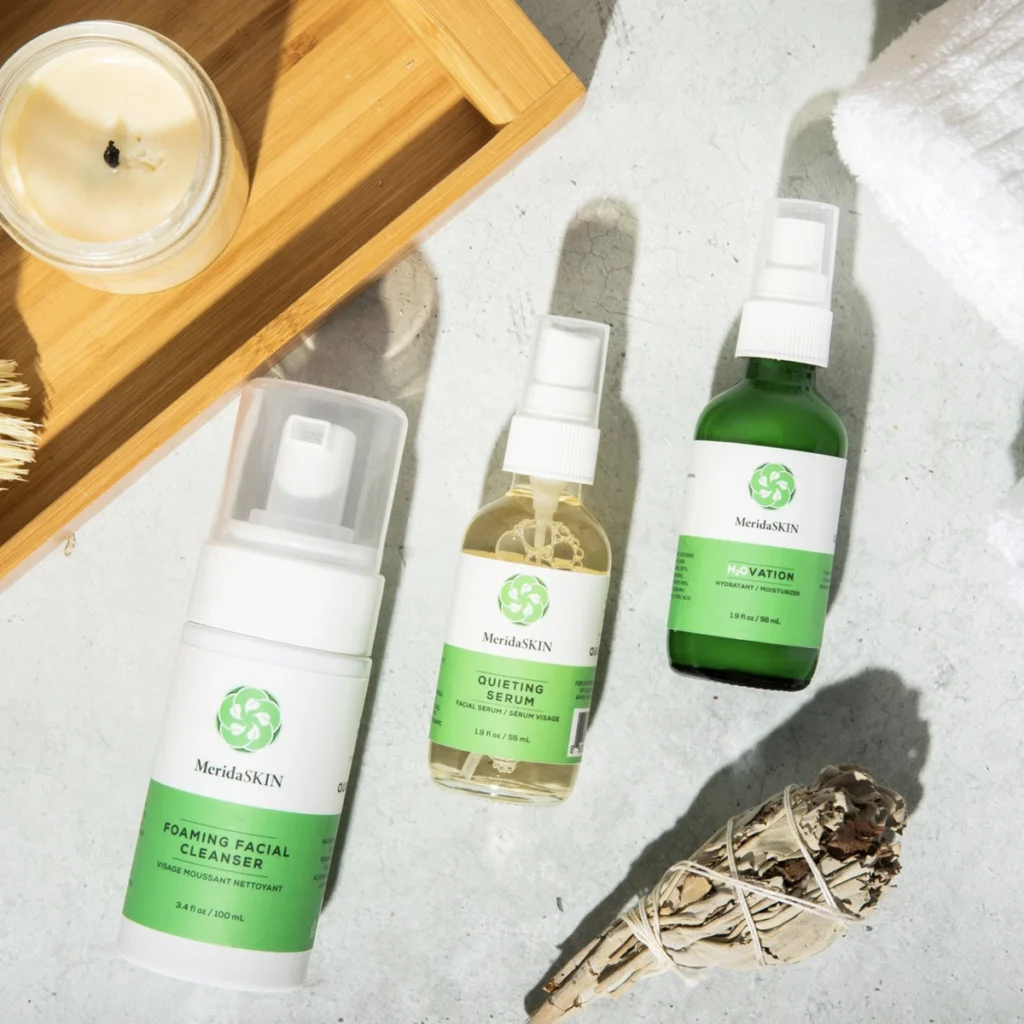 flat lay of MeridaSKIN Essentials Trio of products